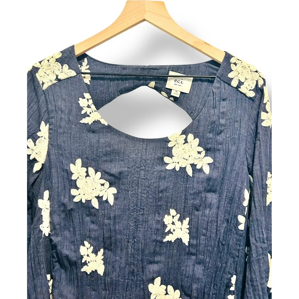 ECI New York Dress Blue Floral Embroidered Cutout Back Midi Women's XL